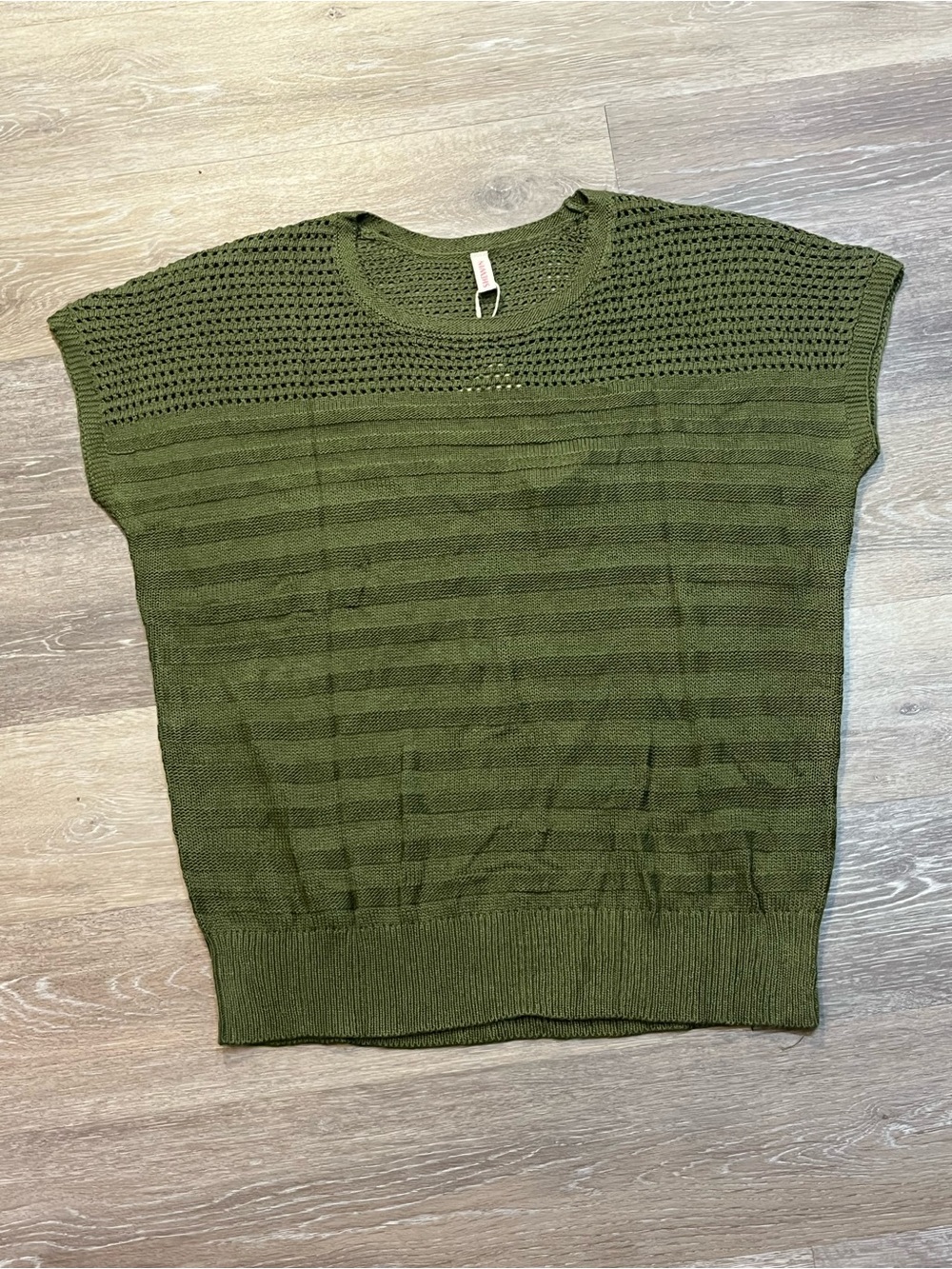 Openwork Knit Short-Sleeve Sweater Top - Olive